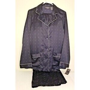 Chartreuse Women's 1X Navy Blue White Polka Dot Polyester Silky Pajamas      T30